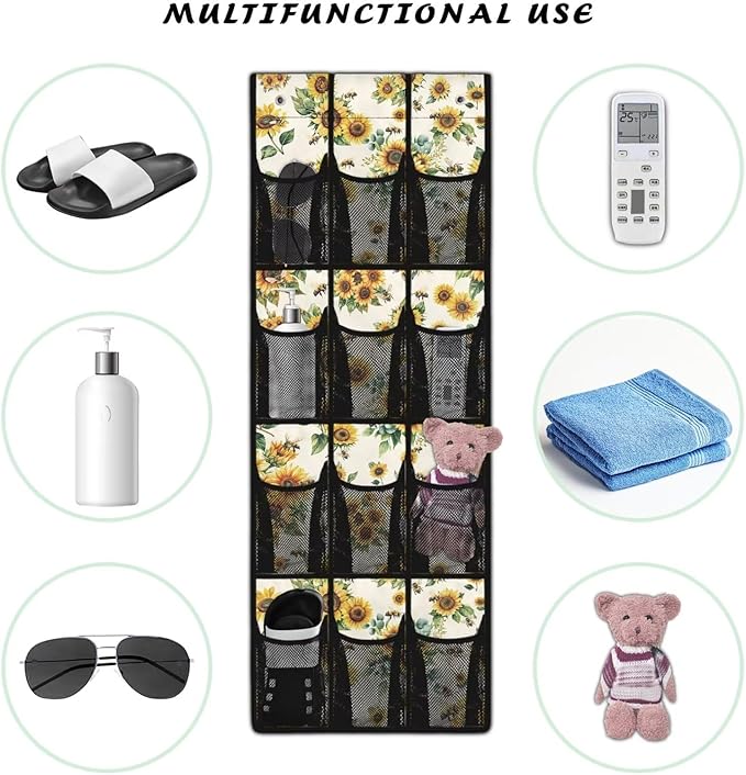 Sunflower Print Over the Door Shoe Organizer,Shoe Organizer Door Hanger with 12 Mesh Large Pockets,Space Saver,Unique Print