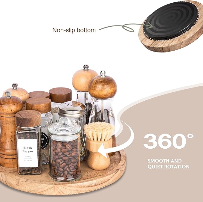 Wood Lazy Susan Organizer Kitchen Turntable for Cabinet Farmhouse Bathroom Decor Round Decorative Tray for Vanity, Counter, Sink, Coffee Table, 10 Inch, Brown