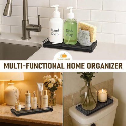 Bathroom Vanity Tray for Countertop, 12" x 6" Oak Wood Toilet Tank Tray with Metal Guardrail, Bathroom Organizer for Soap, Perfume & Skincare, Non-Slip Decorative Tray for Dresser & Vanity, Black