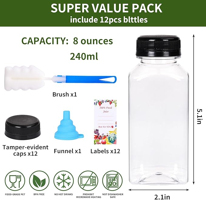 SUPERLELE 12pcs 8oz Plastic Juice Bottles with Caps, Reusable Clear Juice Containers with Labels, Funnel and Brush for Juicing, Smoothie, Milk