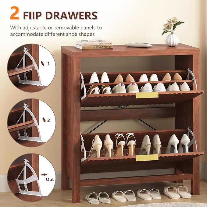 YOMILUVE Shoe Cabinet Storage for Entryway, Fluted Shoe Cabinet with 2 Flip Drawers, Hidden Shoe Rack Tall Freestanding Shoe Organizer with Legs for Hallway, Walnut