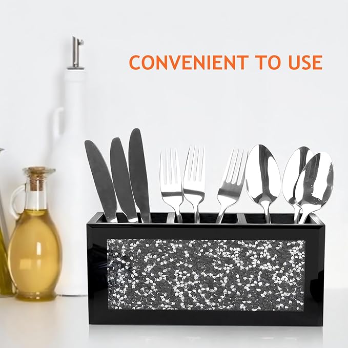 SHYFOY Silverware Holder, Black Glass Mirror Utensil Caddy, 3-Slot Silverware Organizer with Crystal Diamonds, Cutlery Holder for Party, Fork Spoon Knife Organizer (Pack of 2)