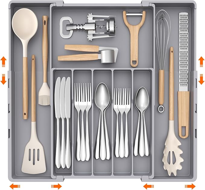 Lifewit Silverware Drawer Organizer, Expandable Utensil Tray for Kitchen, BPA Free Flatware and Cutlery Holder, Adjustable Plastic Storage for Spoons Forks Knives, 5-8 Slots, Gray