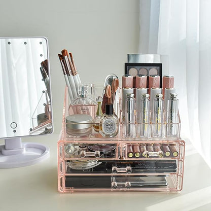 Ikee Design Pink Jewelry & Cosmetic Storage Display Boxes Two Pieces Set, Pink Cosmetic Jewelry Organizer Makeup Holder, Organizer for Vanity