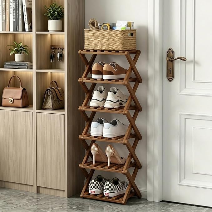 Narrow Shoe Rack, Foldable Bamboo Shoes Shelf for Small Spaces, Multifunctional Vertical Shoe Organizer Tall for Entryway, Closet, Corner, Bedroom, Hallway (Brown, 6 Layers)