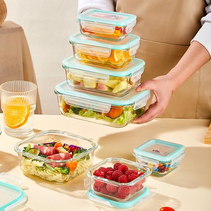YUNCANG 8 Pack Glass Food Storage Containers with Lids, 5oz to 35oz Meal Prep Containers, Airtight Bento Boxes with Leak Proof Locking for Microwave, Oven, Freezer and Dishwasher, BPA Free
