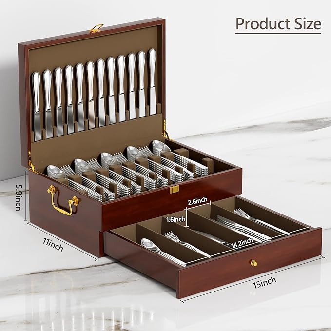 Walnut Silverware Storage Box,Silverware Flatware Case with Felt Lined,Flatware Storage Box for 12 sets of Utensils,Silverware Chest without Silverware,Silverware Organizer with Lid