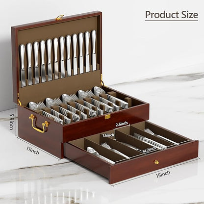 Walnut Silverware Storage Box,Silverware Flatware Case with Felt Lined,Flatware Storage Box for 12 sets of Utensils,Silverware Chest without Silverware,Silverware Organizer with Lid