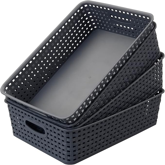 4 Packs Plastic Storage Basket Tray, Shallow Paper Basket, Gray