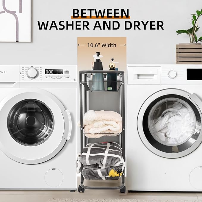 Rolling Laundry Sorter with 3 Storage Baskets and 45 L Bag, 3-Tier Laundry Caddy Between Washer and Dryer,Laundry Room Organization with Wheels and Handle for Narrow Space Bathroom Apartment Dorm
