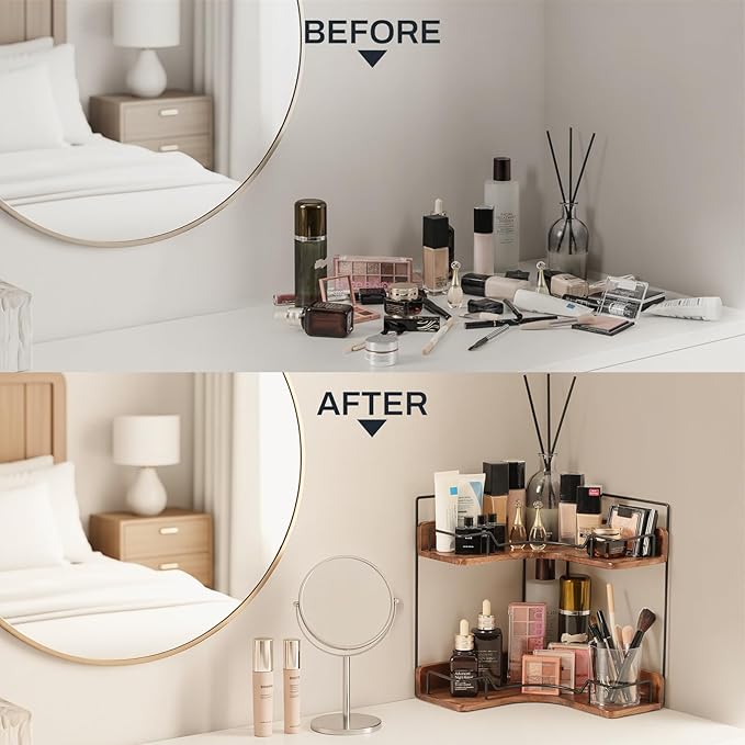 2-Tier Bathroom Counter Organizer, Wooden Corner Shelf for Vanity Countertop Skincare & Makeup, Storage and Organization for Kitchen