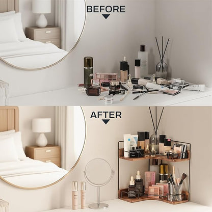 2-Tier Bathroom Counter Organizer, Wooden Corner Shelf for Vanity Countertop Skincare & Makeup, Storage and Organization for Kitchen