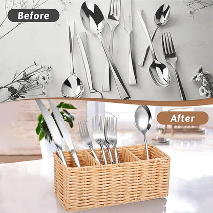 Ptwola Wicker Flatware Silverware Caddies Woven Kitchen Cutlery Organizer Utensil Holder Party Condiment Storage Carrier Basket for Table Countertop Holds Forks Knives Spoons Napkins