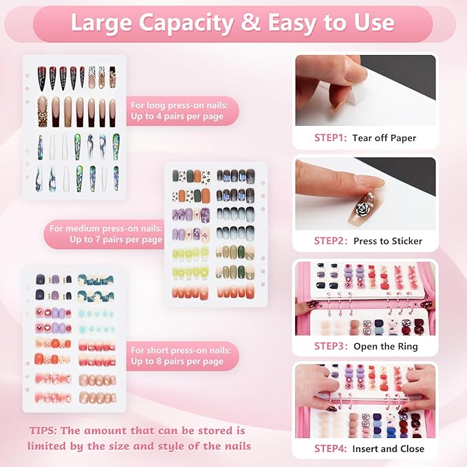 DHATMYC Press On Nail Storage Organizer Binder with 8 Insert Pages - A5 Size Reusable Fake Nail Swatch Star Collecting Book Polish Color Display Holder Container with Tape and Zipper Pocket (PINK)