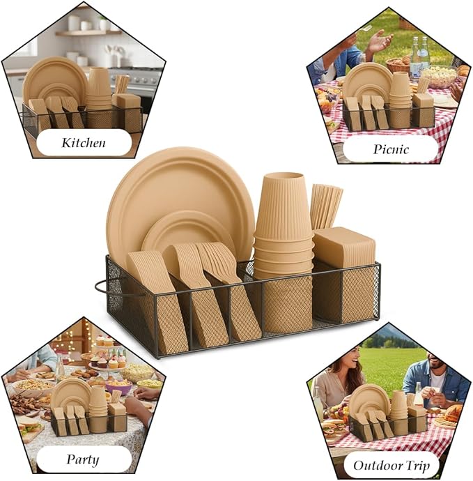 6 Compartment Metal Paper Plate Organizer Caddy for Countertop – Paper Plate & Utensil Holder for Parties, Buffet, Camping, Kitchen Organization & Outdoor Events
