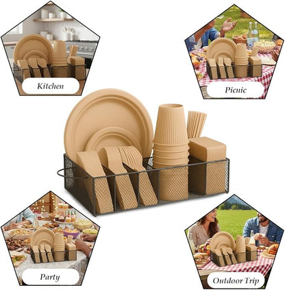 6 Compartment Metal Paper Plate Organizer Caddy for Countertop – Paper Plate & Utensil Holder for Parties, Buffet, Camping, Kitchen Organization & Outdoor Events