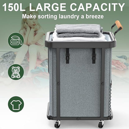 150L (40 Gal) Extra Large Fashion Laundry Basket with Wheels, Rolling Basket Hamper with Handle, Organizer Storage Cart with Sturdy Metal Frame for Laundry Room - Gray