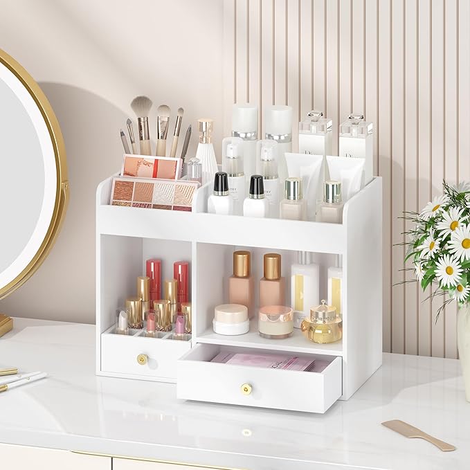 Large Makeup Organizer with Drawers, Bamboo Countertop Cosmetic Storage for Dresser Vanity Organizer Beauty Desk Skincare Holders Container Make Up Organizing for Lipstick