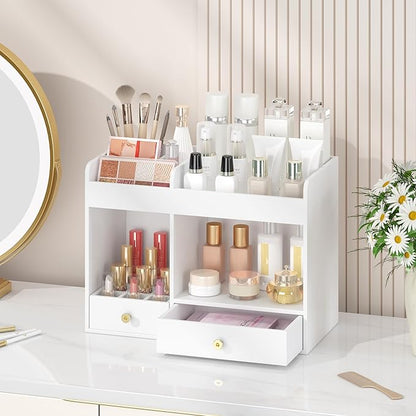 Large Makeup Organizer with Drawers, Bamboo Countertop Cosmetic Storage for Dresser Vanity Organizer Beauty Desk Skincare Holders Container Make Up Organizing for Lipstick