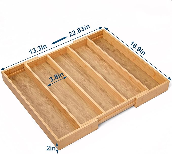 Fibogollo Expandable Kitchen Drawer Organizer,Bamboo Silverware Organizer,Adjustable Flatware Tray for Utensils(16.92 * 13.30~22.83 * 1.96)