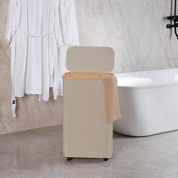 efluky Slim Laundry Hamper with Wheels, Narrow Laundry Basket with Lid and Removable Bag, Aesthetic Dirty Clothes Hamper on Wheels for Laundry Room, Bedroom, Dorm and Bathroom, 75L Beige