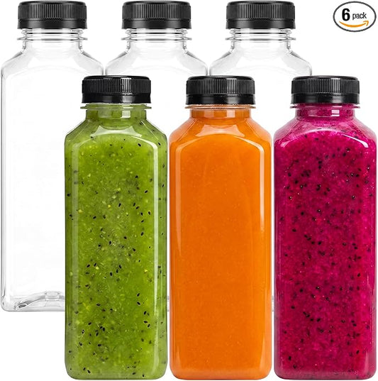 Moretoes 6pcs 16oz Plastic Juice Bottles with Caps, Clear Empty Reusable Water Bottles, Disposable Beverage Containers Bulk for Juicing Smoothies Turmeric Juice Milk and Other Beverages