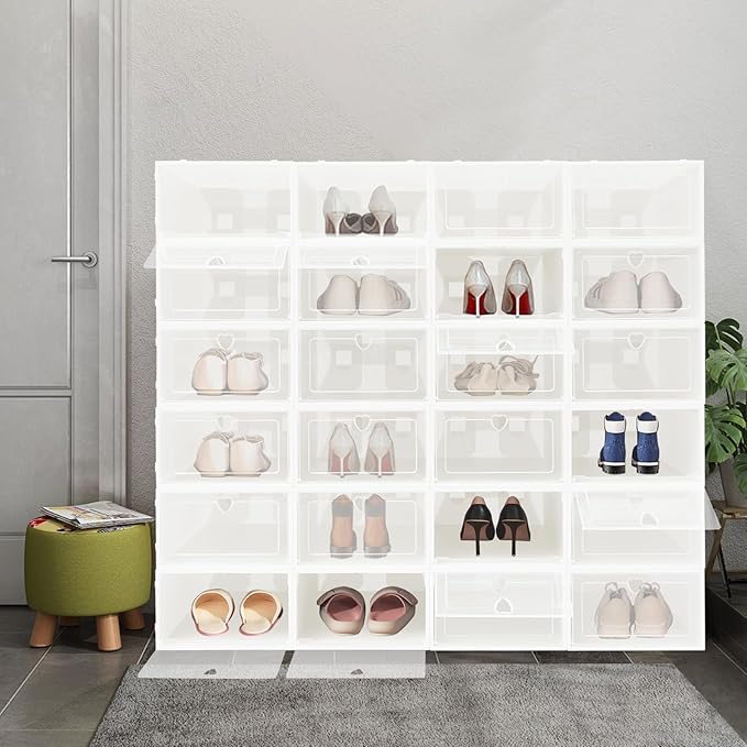 24Pcs Stackable Shoe Storage Boxes with Clear Doors - Foldable Shoe Organizer for Closet Cabinet, Black/White/Green Options for Sneakers Boots Home Organization (White)
