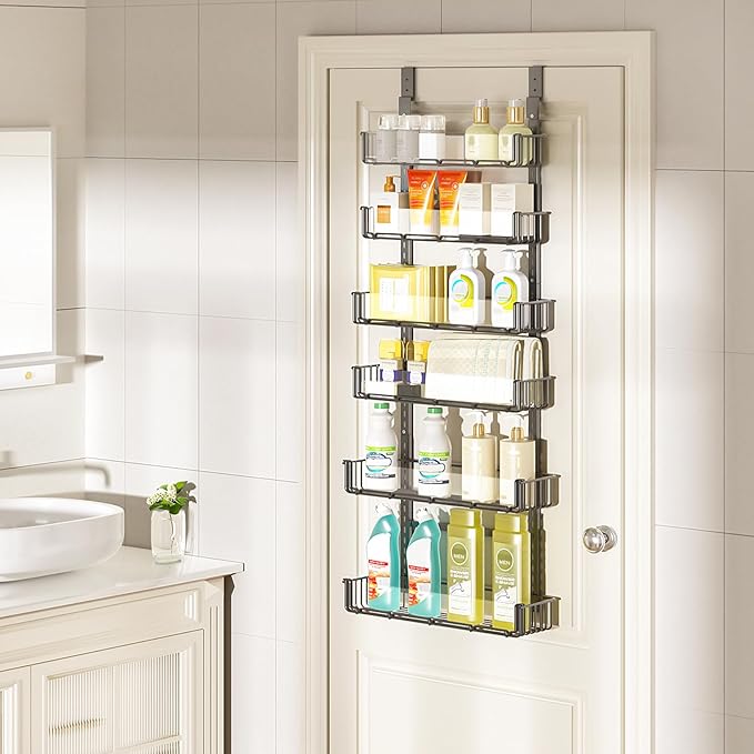 Delamu Adjustable Over the Door Pantry Organizer with Clear Acrylic Panel, 6-Tier Pantry Organization and Storage for Kitchen, Hanging Spice Rack Seasoning Shelves for Cabinet, Easy Install, Black