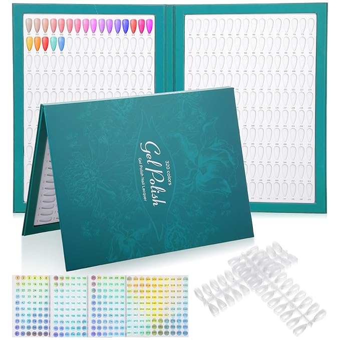 Professional Nail Book Display with 480 Tips & 400 Labels, Nail Swatch Book Organizer for Gel Polish Color Charts, Portable Nails Color Swatches Catalog for Salon Artists and DIY Home Use (Colorful)