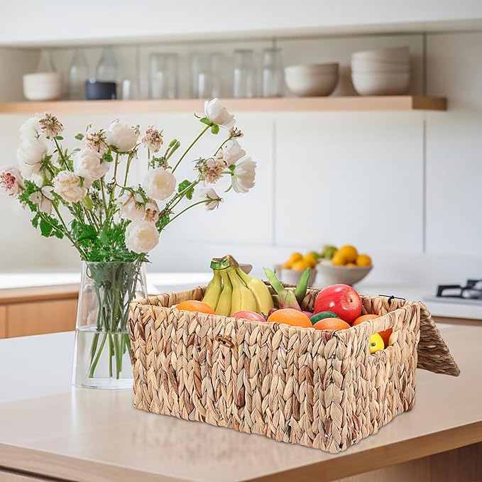 Hipiwe Wicker Storage Basket Bins with Lid, Large Water Hyacinth Baskets Box Rectangular Decorative Shelf Baskets Bin with Handles Handwoven Household Basket Boxes for Shelf Home Organizing