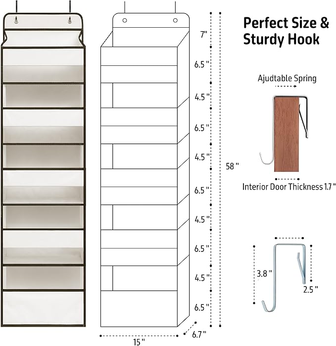 TYMENSH White Over Door Organizer with 5 Large Clear Pockets and 6 Side Mesh Pockets, Anti-Tilt Hanging Door Storage for Nursery, Bathroom, Closet, Bedroom, Dorm, Toys