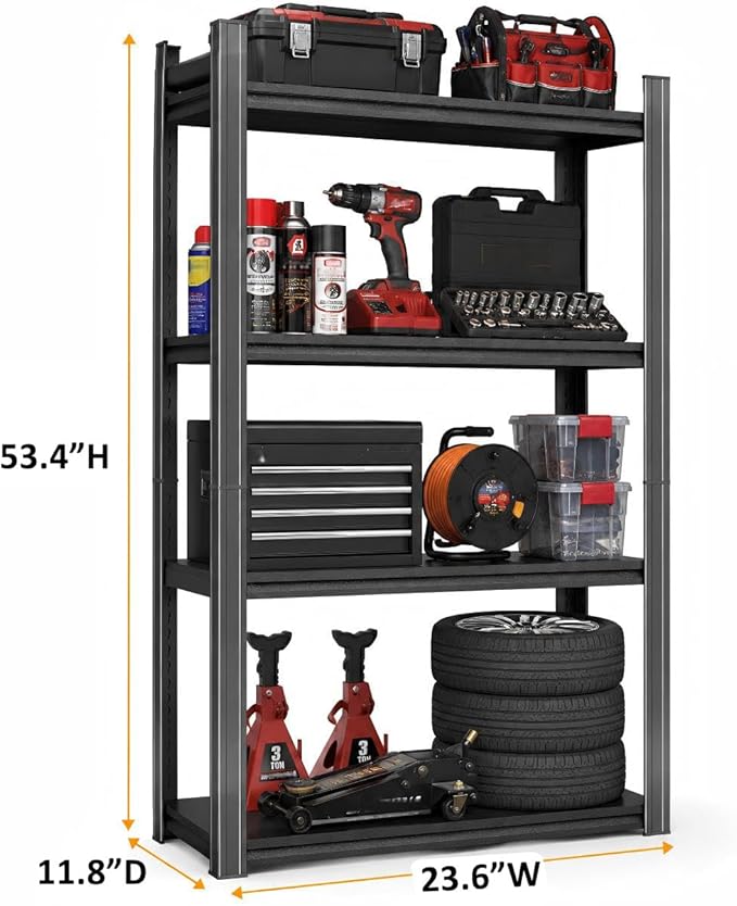 24 Inch Wide Heavy Duty Garage Shelving Unit, 4-Tier Metal Storage Shelves, Adjustable Upgraded Reinforced Double-Layer Columns for Space-Saving, Easy Assembly, Black (24''W x 12''D x 53''H)