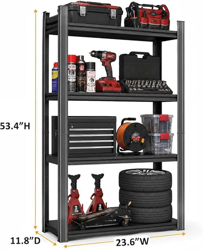 24 Inch Wide Heavy Duty Garage Shelving Unit, 4-Tier Metal Storage Shelves, Adjustable Upgraded Reinforced Double-Layer Columns for Space-Saving, Easy Assembly, Black (24''W x 12''D x 53''H)