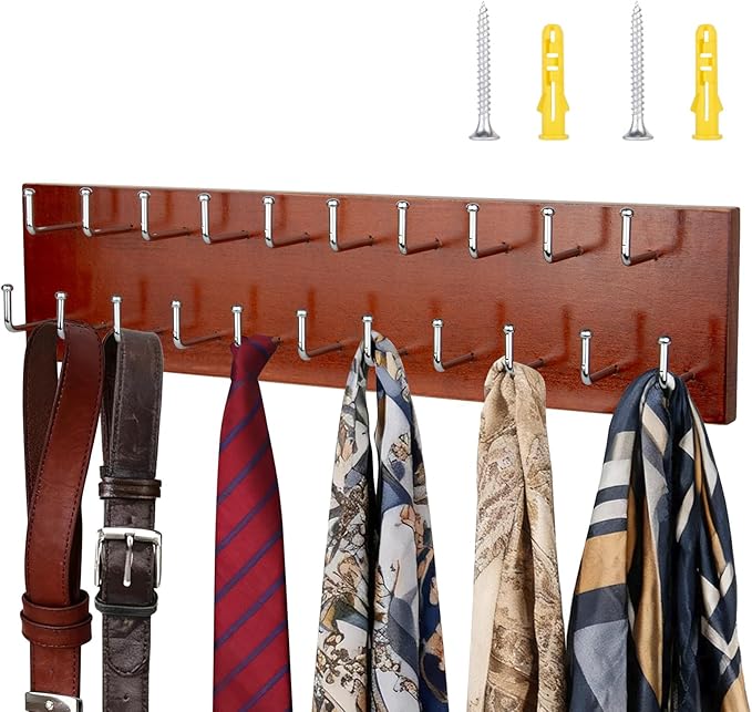 Belt Organizer Holder Wooden Belt Hanger for Closet Wall Mount Belt Storage Rack Tie Bra Scarf Hanger Holds Over 40 Large Belts (Brown)