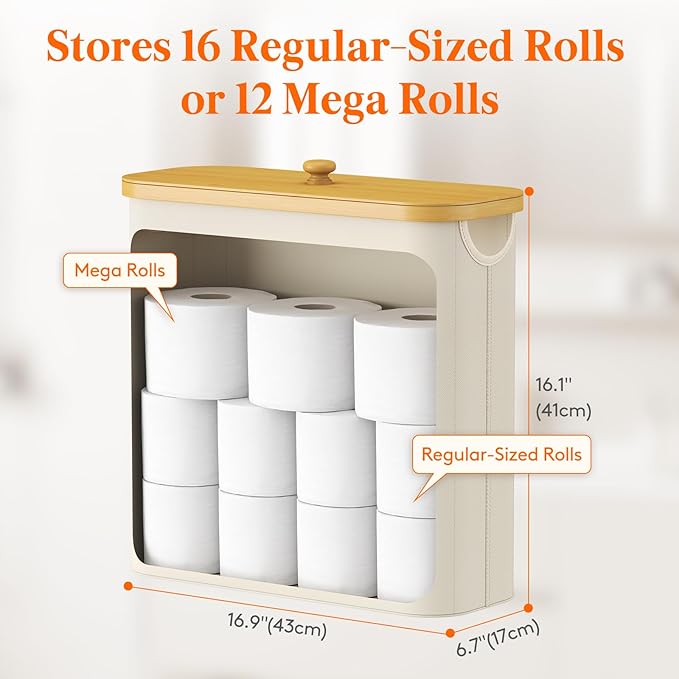 Lifewit Toilet Paper Storage Holder for 12 to 16 Rolls, Free Standing Toilet Paper Basket Stand with Bamboo Lid, Collapsible Fabric Bathroom Organizer Box for Mega Rolls, 30L, Extra Large, White