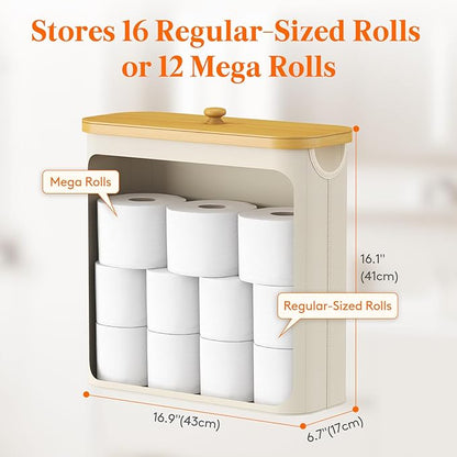 Lifewit Toilet Paper Storage Holder for 12 to 16 Rolls, Free Standing Toilet Paper Basket Stand with Bamboo Lid, Collapsible Fabric Bathroom Organizer Box for Mega Rolls, 30L, Extra Large, White