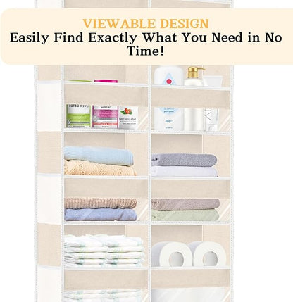 2 Pack Over The Door Organizer 6 Tiers, Extra Large Behind Door Storage of 12 Compartments, 80 lbs Weight Capacity Hanging Storage Organizer with Clear Window Kids Toys,Shoes (6 Tiers - Beige)