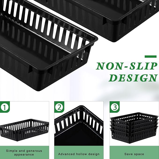 Wenqik 24 Pcs Plastic Storage Baskets for Classroom Organizing Small Pantry Storage Bins Rectangular Tray for Back to School Household Toys Classroom Bedrooms, Kitchens Countertops(Black)