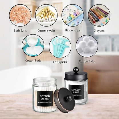 SheeChung 2-Pack Qtip Holder Dispenser-Glass Apothecary Jars with Rust-Proof Stainless Steel Lids-Modern Rustic Bathroom Vanity Organizer for Cotton Swabs, Balls, Pads(Black&Oil Rubbed Bronze)