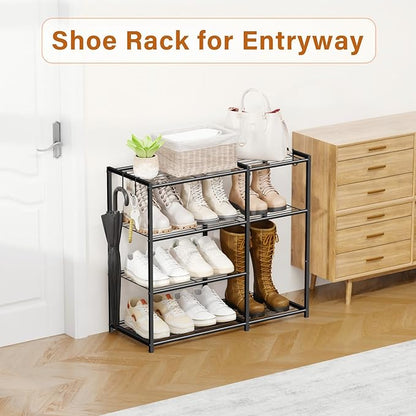 4-Tier Metal Shoe Rack for Entryway Closet, Heavy Duty Metal Shoe Organizer Storage Shelf with Tall Boot Space, Space Saving Free Standing Shoe Tower for Garage Bedroom Hallway, Black