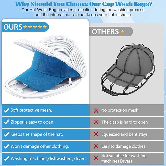 Eiito Hat Washer Cage Hats Cleaner, 4Pcs (2 Cages + 2 Bags) Hat Washer for baseball caps for Washing Machine or Dishwasher, Ball Cap Washers Frame for Flat & Curved Hats, White