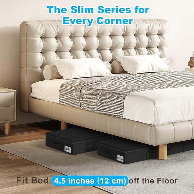 Under Bed Storage Container Bins 2 Pack, 4.5 Inch Slim Low Profile Underbed Clothes Storage Organizer for Dorm & Home, Use for Blanket and Toy Storage Box W/ Sturdy Bottom/Sides, Foldable Thick Fabric