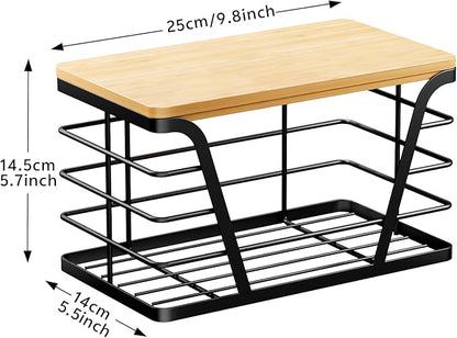 TIDIIABODE Small Grocery Bag Holder, Trash bag holder with Removable Bamboo Top, Wall Mount, No Drill, Stainless Steel, Black