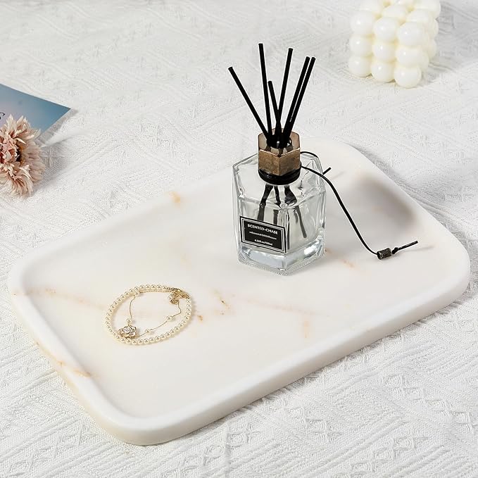 Koville Marble Tray, 12"x8" Natural Marble Vanity Tray for Countertop Bathroom Kitchen Dresser, Decorative Catchall Trays for Perfume Jewelry, Rectangular Stone Serving Tray(Golden Calacatta)