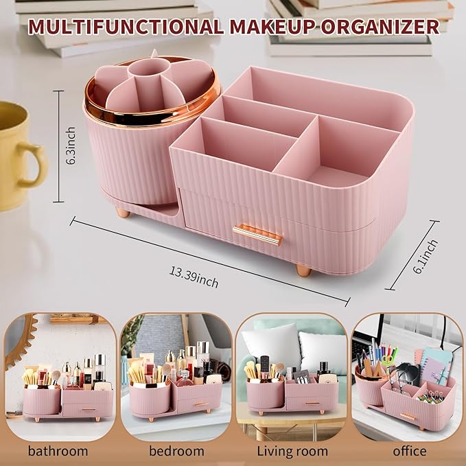 Molutsody Makeup Organizer for Vanity, Cosmetic Display Case with Drawers, Fits Makeup, Skincare Products, Brushes, Lipsticks, and Other Accessories, Versatile Storage Solution (Pink)