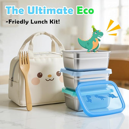 Tanjiae 3-Pack Stainless Steel Snack Containers - 550ml (18oz) Leakproof Colorful Lids with Cute Dinosaurs | LFGB Certified, Stackable Metal Lunch Box for Home, Picnic, Travel