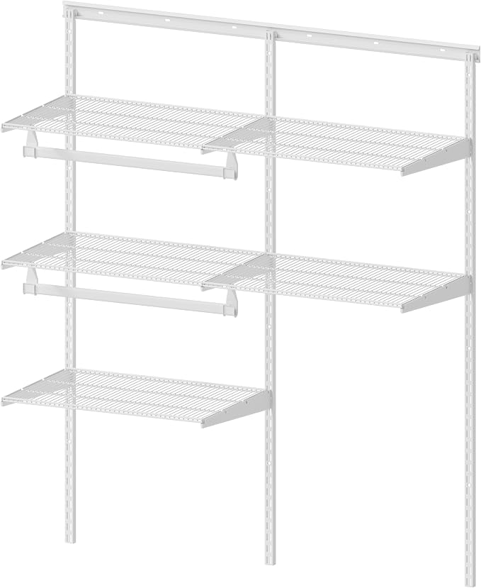 Closet System Wall Mounted 2-4 Ft, Heavy Duty Adjustable Wire Shelving with Hanging Rod, Custom Organizer Kit for Bedroom Laundry Mudroom, White