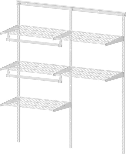 Closet System Wall Mounted 2-4 Ft, Heavy Duty Adjustable Wire Shelving with Hanging Rod, Custom Organizer Kit for Bedroom Laundry Mudroom, White