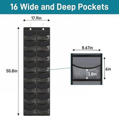 Fixwal Hat Organizer for Baseball Caps, 16 Pocket Over The Door Hat Rack For Storage Closet Wall, Cap Holder Hanger with Large Clear Pockets & 2 Hooks, Hat Storage to Protect and Display, Black