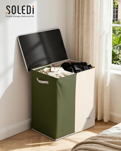 SOLEDI Large Double Laundry Hamper with Lid, Collapsible Clothes Hamper 2 section with Removable Bags, Space-Saving Laundry Basket for Bedroom, Dorm, College